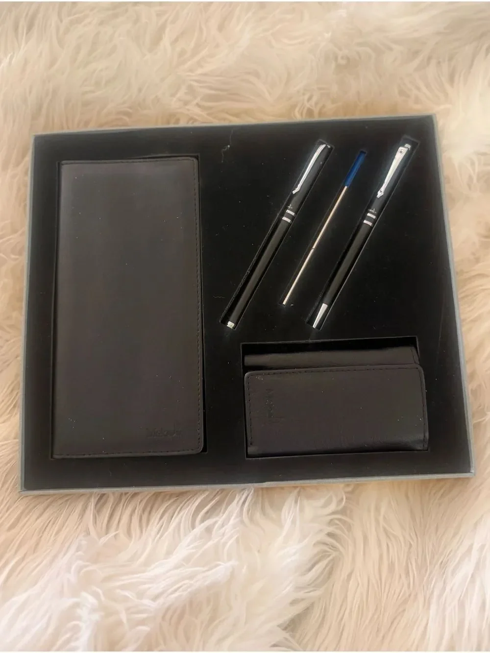 Black Leather Wallet & Card Case Gift Set with Black Pens